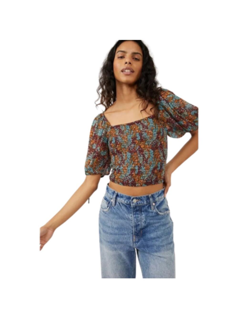 Free People Back On Cropped Top Short Sleeve Floral Black Size Large